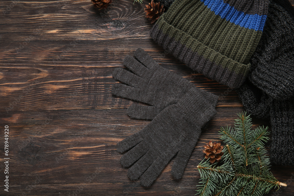 Warm gloves, hat, scarf and fir branch on wooden background