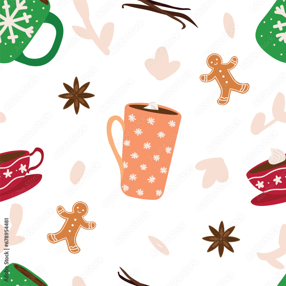 Seamless pattern with cups of hot chocolate, spices and cookies on white background