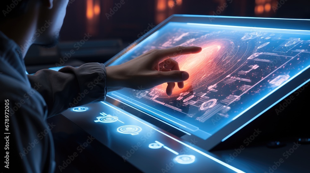 Hands touching the screen of a futuristic computer.