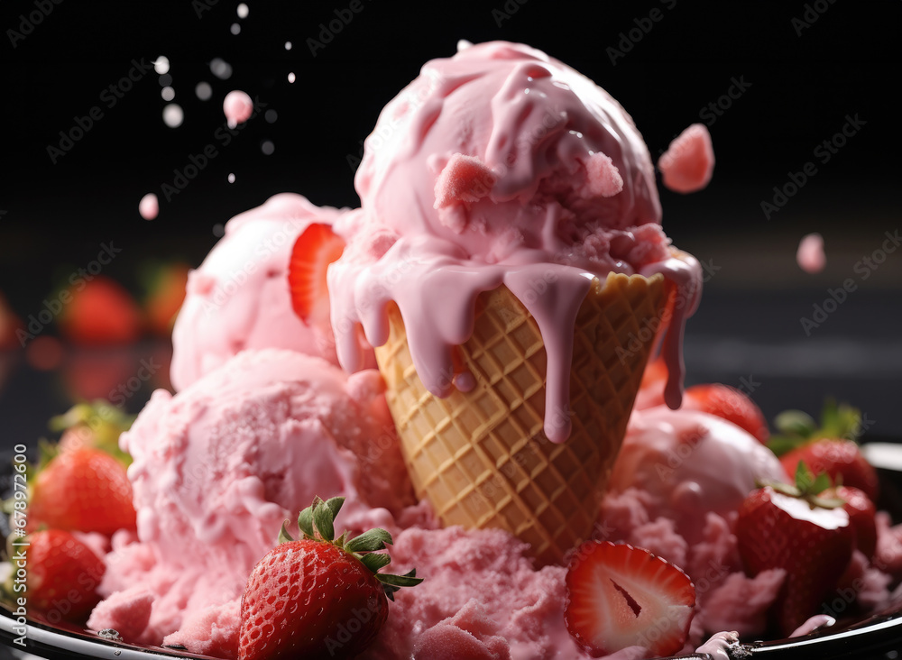 Strawberry ice cream scoops with strawberries around falling.