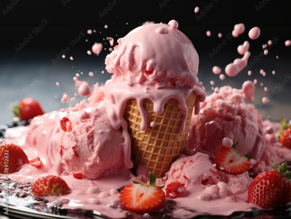 Strawberry ice cream scoops with strawberries around falling.