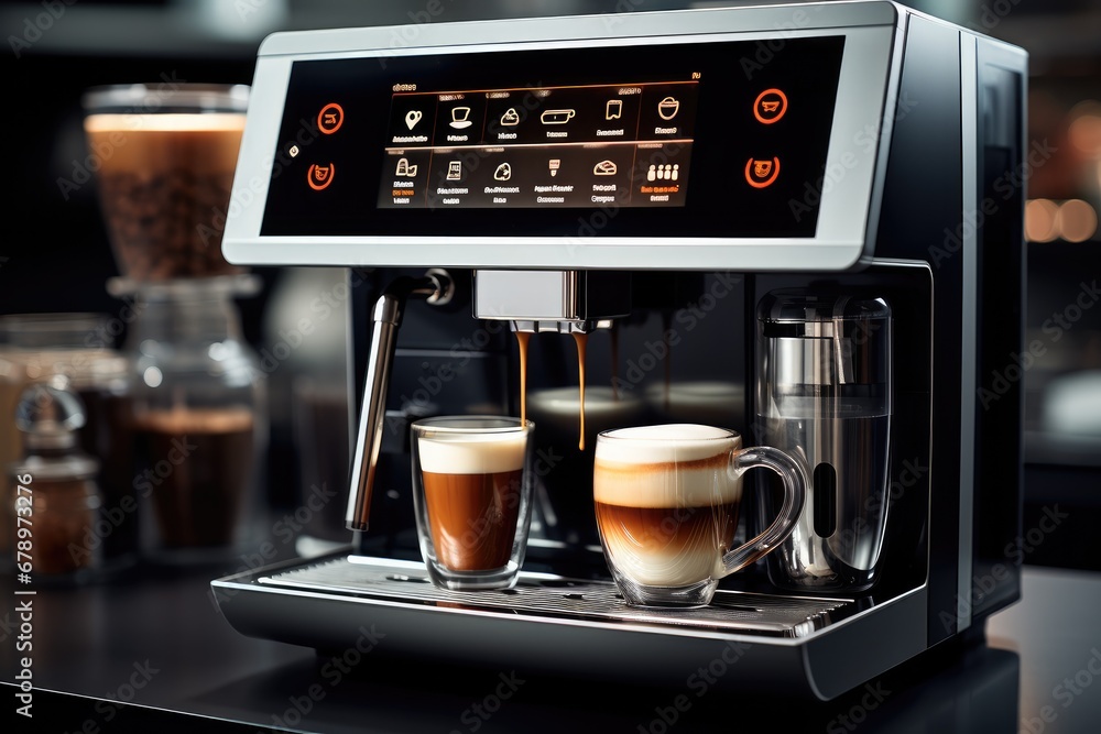 Shot of coffee machine digital panel with beverage options.