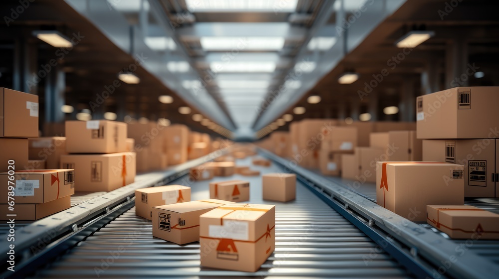 Conveyor belt with cardboard boxes along it in the warehouse, A line of cardboard box packages moving along it.