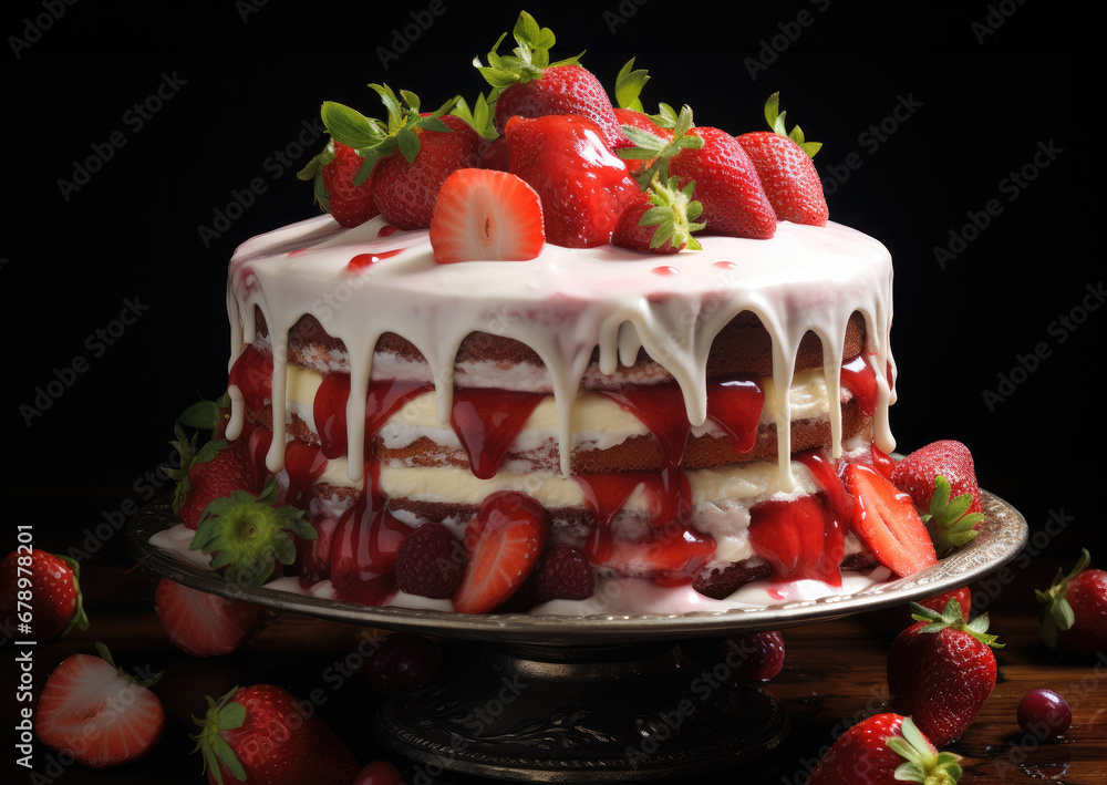 A strawberry cake adorned with luscious and cherries.