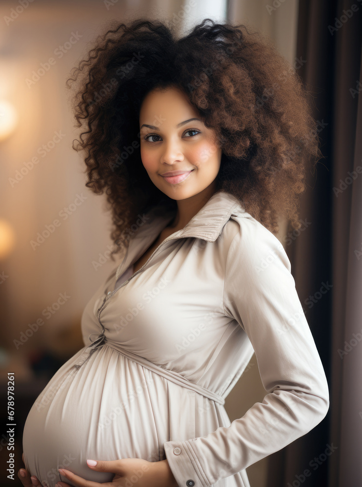 Happy pregnant woman afro American appearance.