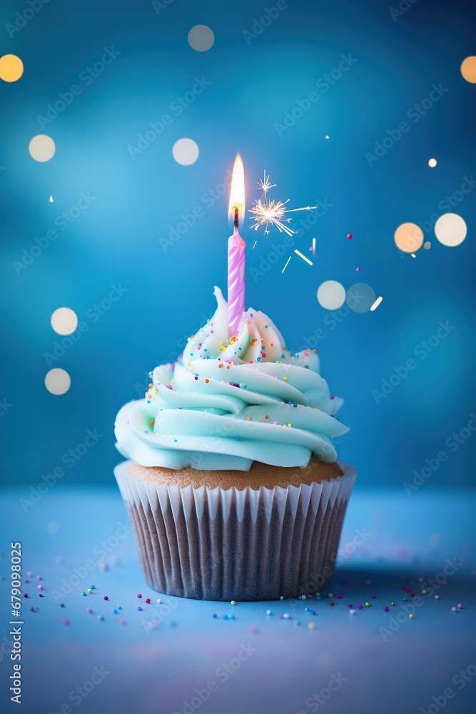 One close up cupcake with one candle on light up blurry background.