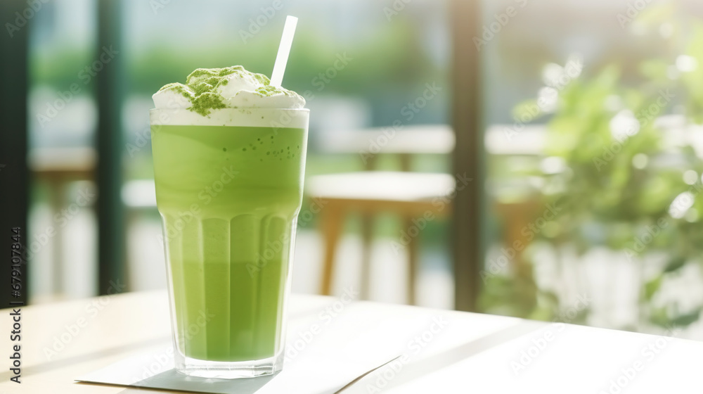 Closeup of iced matcha latte in a stylish glass on sunny background in front of the window in a cafe. Generative AI