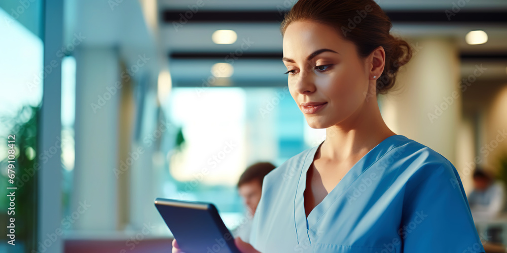 Medical hospital portrait: Confident female medical doctor using tablet . Healthcare concept. Generative AI