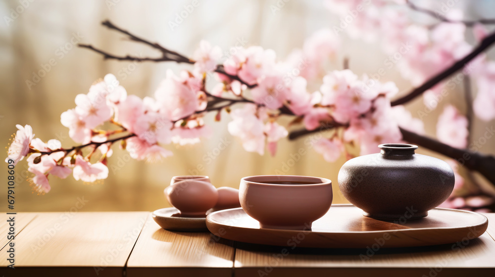 Tea ceremony, traditional teapot and ceramic cups on wooden tray on light background with sakura blossoms. Generative AI