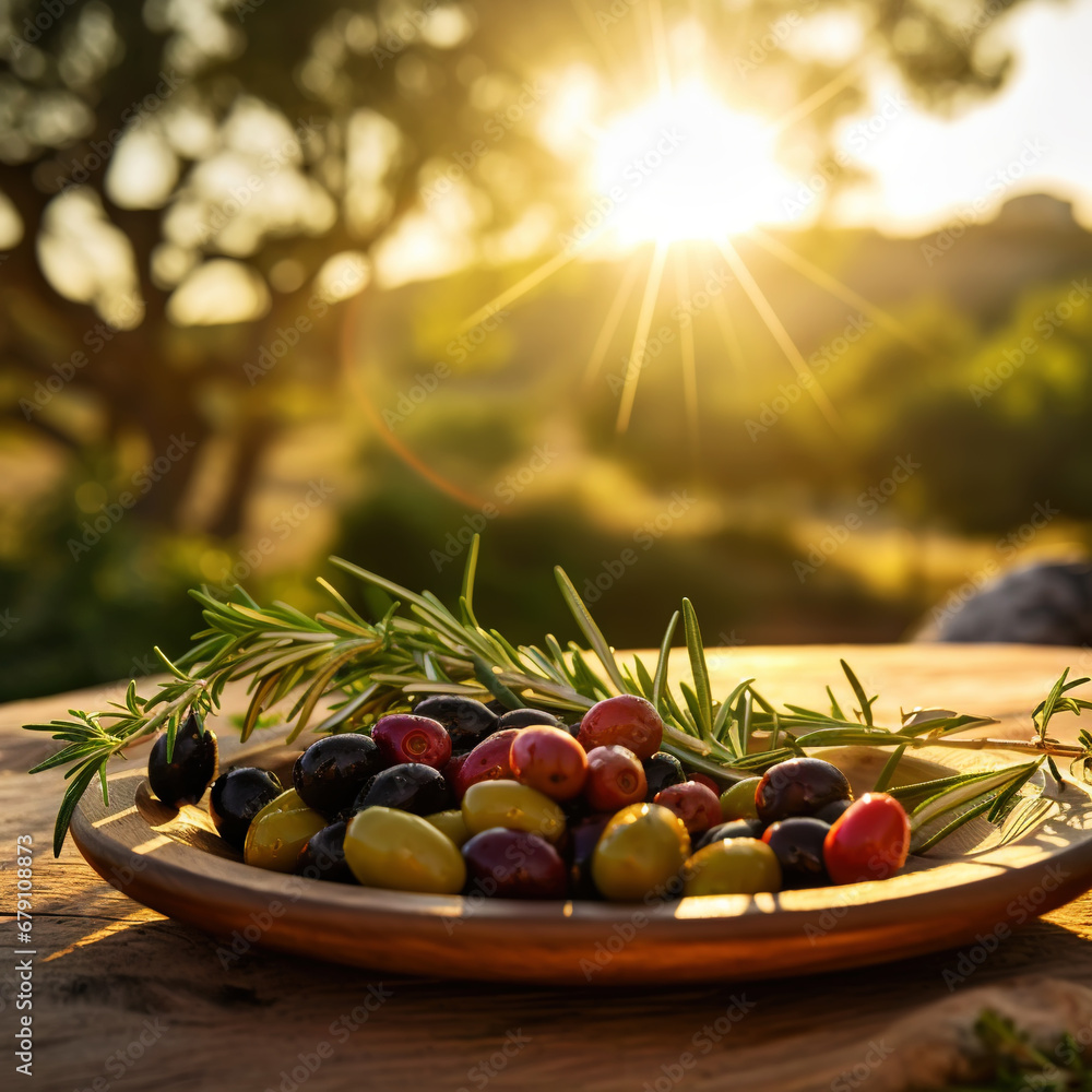 Closeup of organic ripe olives with herbs on a wooden plate in the garden at sunset. Generative AI