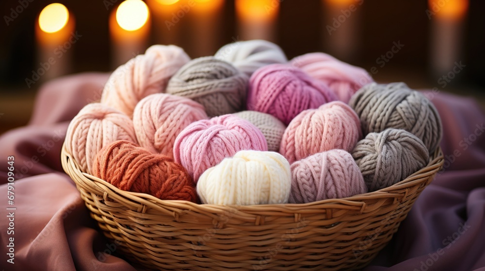 Close-up of coloured skeins of wool thread in a wooden basket. Cosy hobby concept. Generative AI