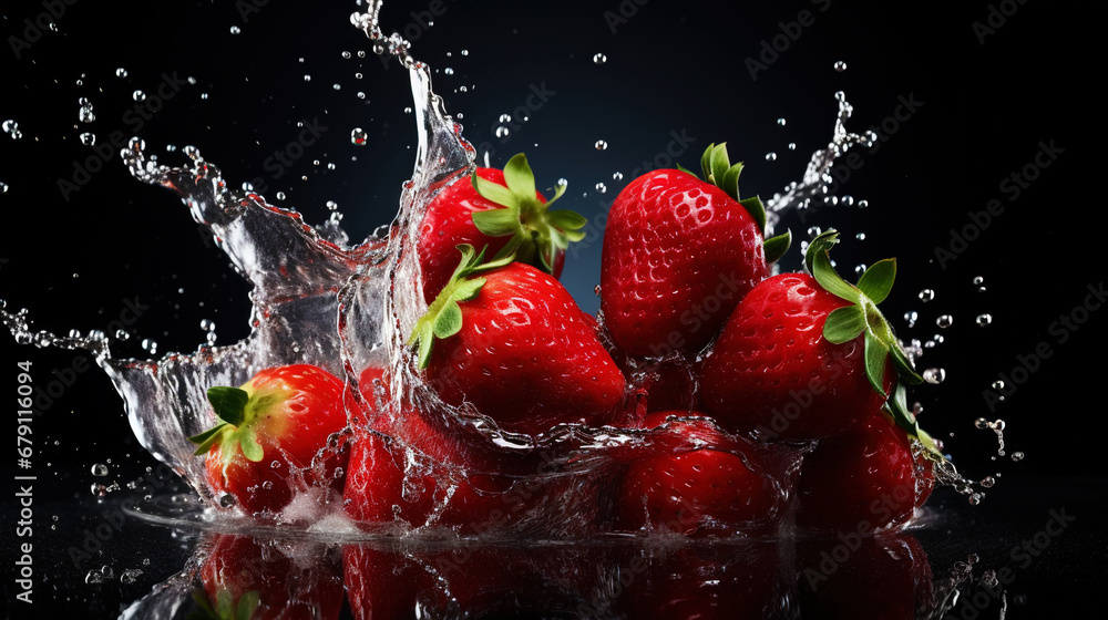 Fresh strawberry with water splashes on dark background. Generative AI