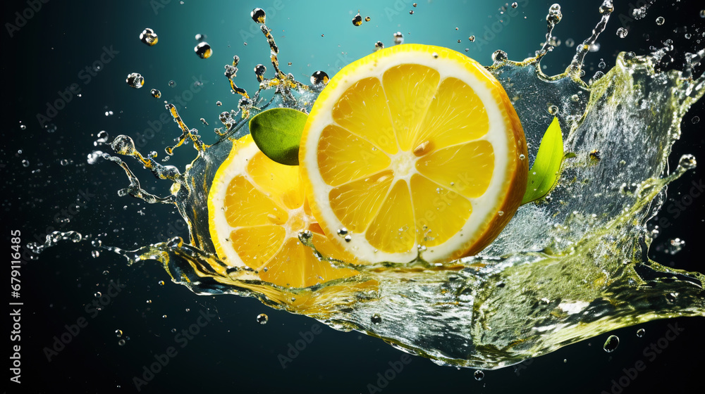 Fresh lemon with water splashes on dark background. Generative AI