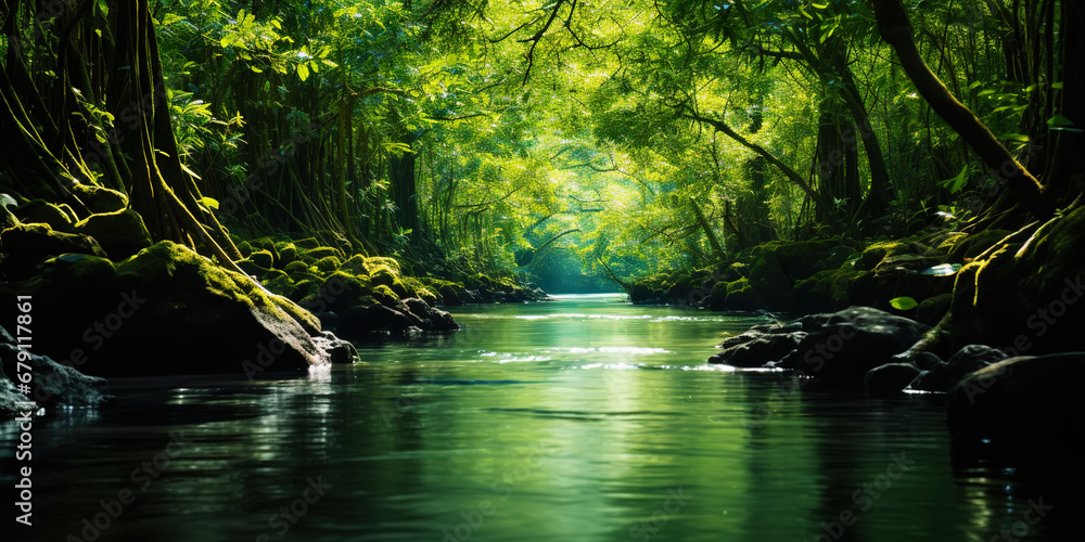 Mangrove forest and calm river in the morning. Minimalist landscape. Generative AI