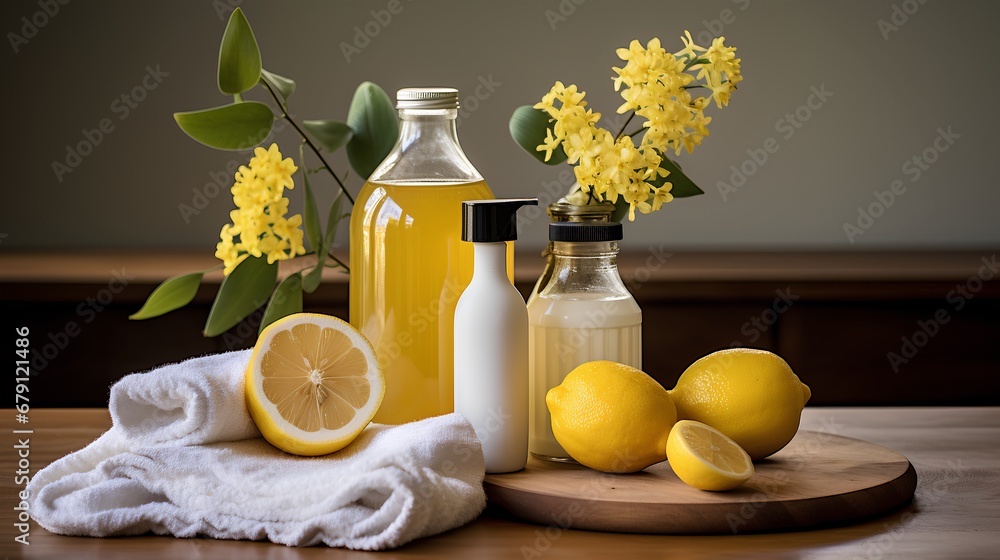 A collection of homemade cleaning products made with natural, organic ingredients, featuring a refreshing citrus aroma for a clean and freshsmelling home environment.