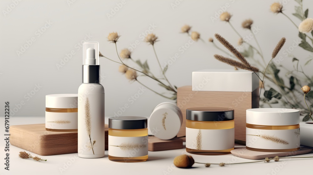 Highresolution product packaging mockups for a natural cosmetics line, featuring ecofriendly materials and minimalist design, perfect for branding presentations.