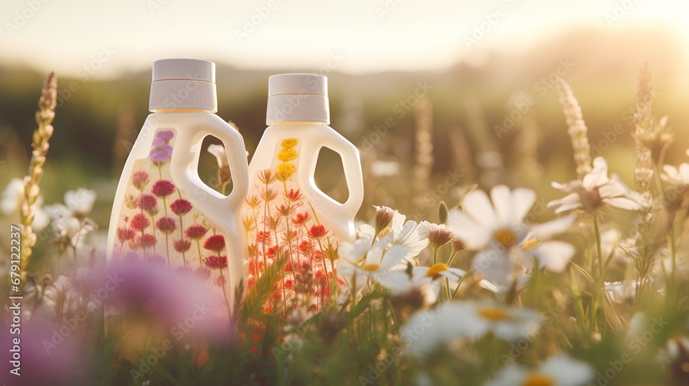 Ecofriendly, biodegradable laundry detergent in a recyclable bottle, perfect for washing clothes with a fresh, clean scent while being gentle on the environment.