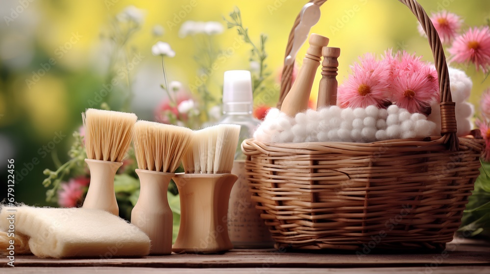 A collection of ecofriendly cleaning supplies arranged neatly on a natural wooden surface, including durable brushes, biodegradable sponges, and other sustainable cleaning tools for household use.