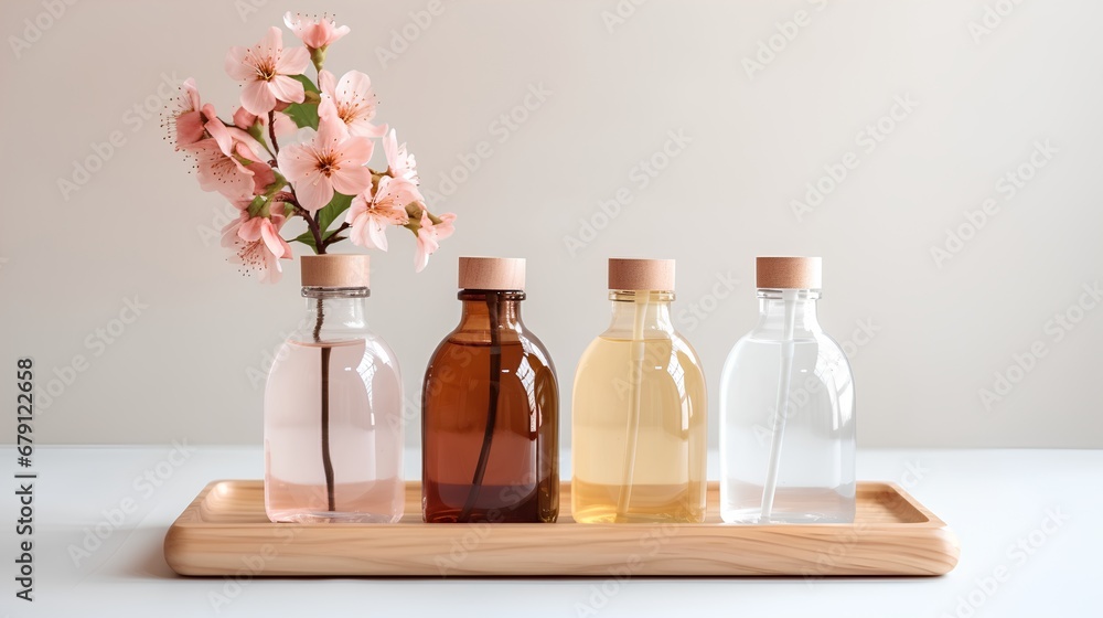 A collection of sleek, transparent, unbranded detergent bottles with a minimalist aesthetic design, suggesting a natural, fresh aroma for home cleaning.