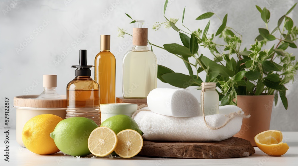 A collection of homemade cleaning products made with natural, organic ingredients, featuring a refreshing citrus aroma for a clean and freshsmelling home environment.