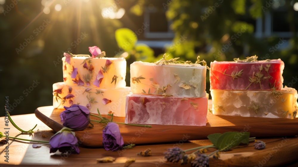 Artisanal bars of natural handmade soap adorned with fresh flowers and aromatic herbs on a rustic wooden background, embodying ecofriendly skincare and wellness.