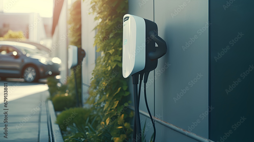 A modern private electric vehicle (EV) charging station installed at a residential home, featuring a dedicated power unit for convenient domestic plugin and charging of electric cars.