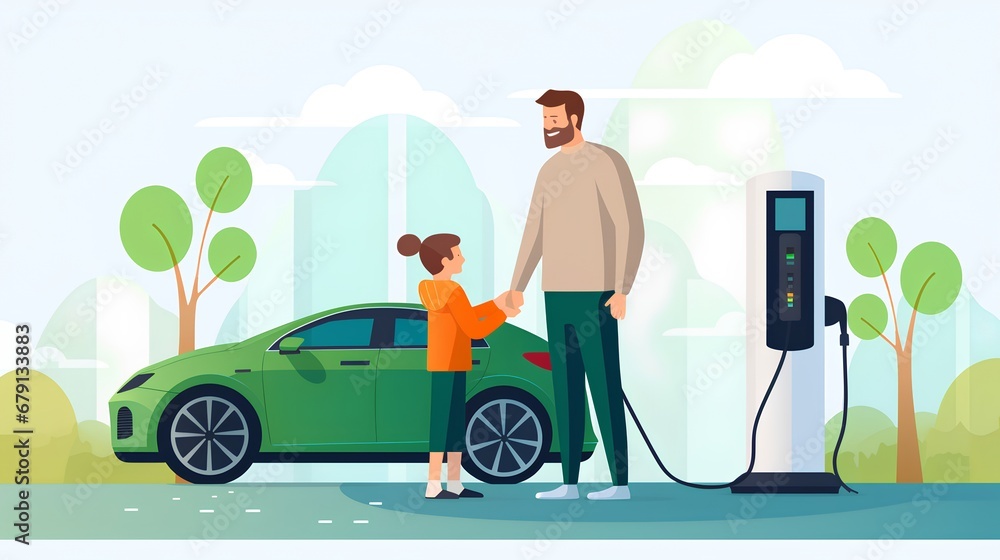 A caring father and his young daughter are engaged in plugging an EV charger into their electric car, demonstrating the importance of sustainable transportation to the new generation.