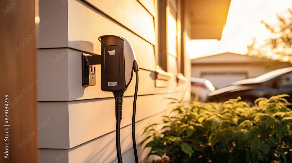 A modern private electric vehicle (EV) charging station installed at a residential home, featuring a dedicated power unit for convenient domestic plugin and charging of electric cars.