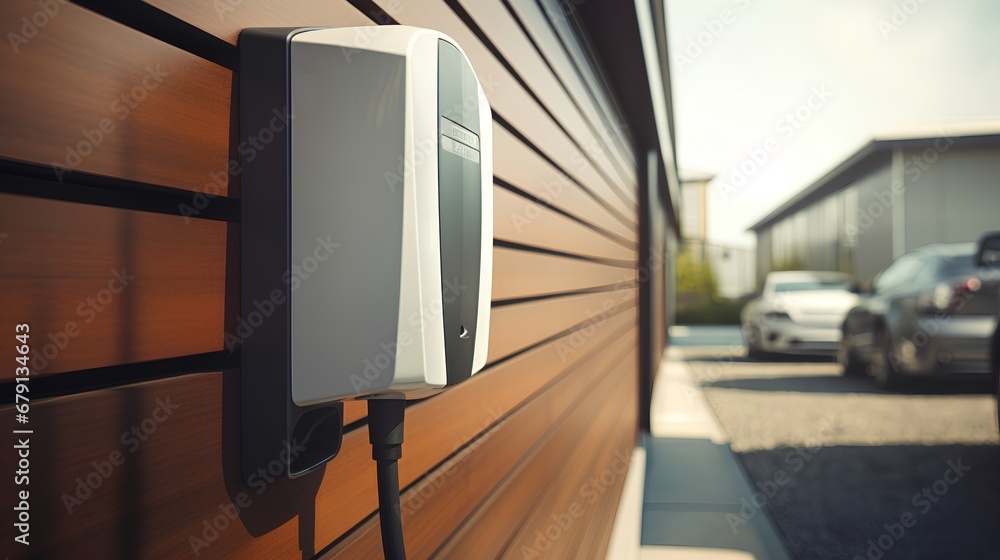 A modern private electric vehicle (EV) charging station installed at a residential home, featuring a dedicated power unit for convenient domestic plugin and charging of electric cars.