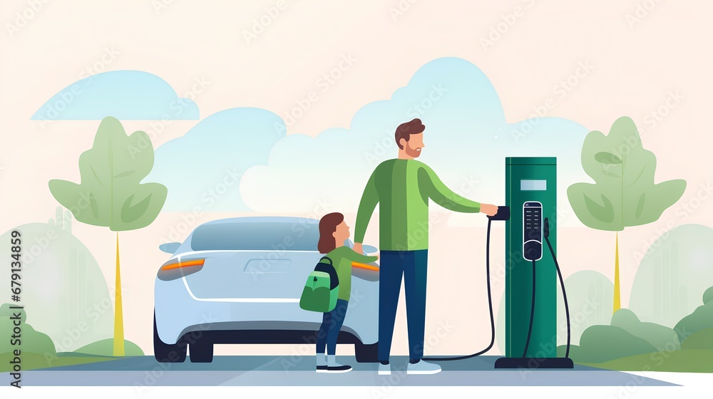 A caring father and his young daughter are engaged in plugging an EV charger into their electric car, demonstrating the importance of sustainable transportation to the new generation.