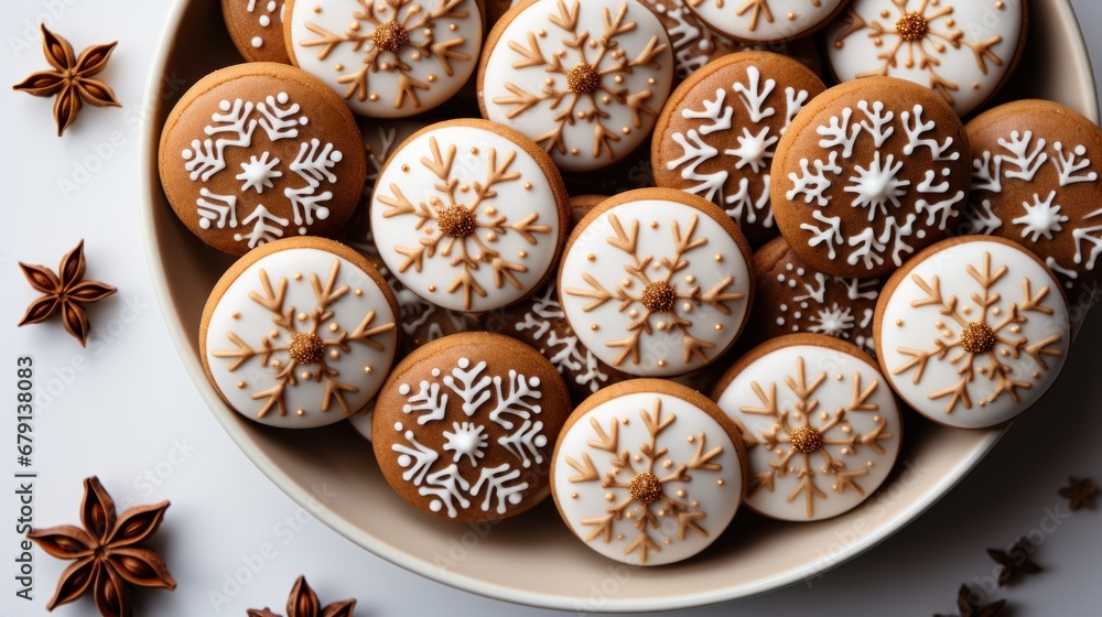 Delicious handmade Christmas cookies with festive glazed decoration. Top view. Generative AI