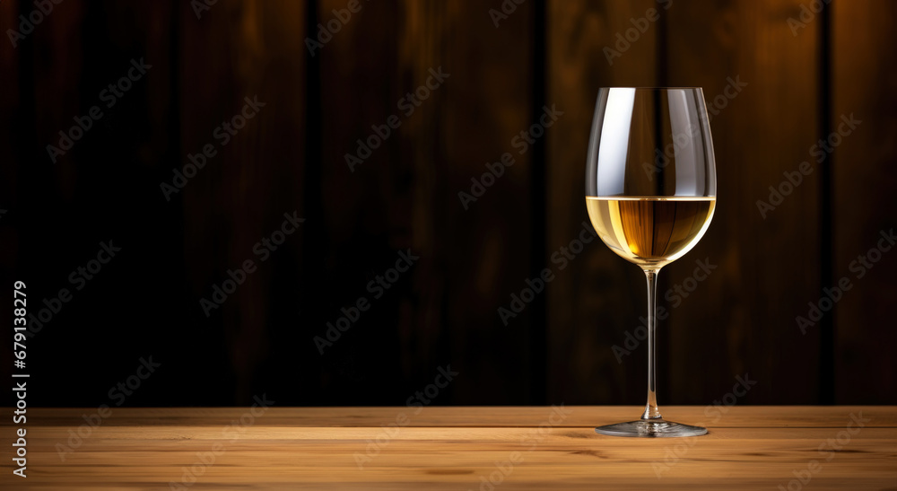 Elegant glass of white wine on dark wooden background. Wine industry concept. Generative AI