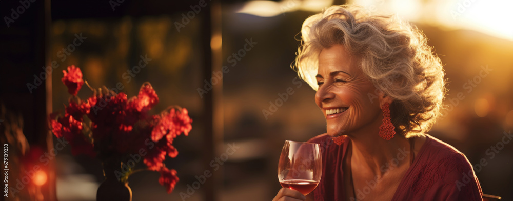 Senior smiling woman with a glass of wine, blurred backdrop of vineyard on a sunset. Generative AI