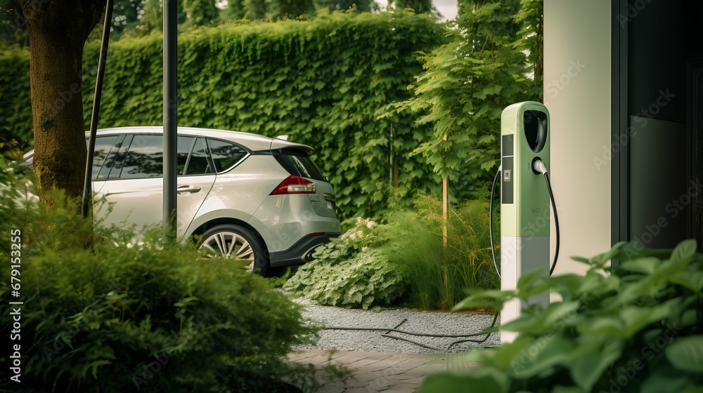 A modern private electric vehicle (EV) charging station installed at a residential home, featuring a dedicated power unit for convenient domestic plugin and charging of electric cars.