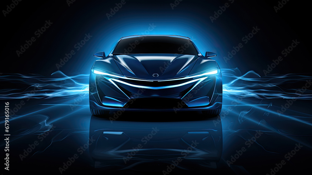 car with light  isolated on black background, Car blue headlights, shape concept art dark