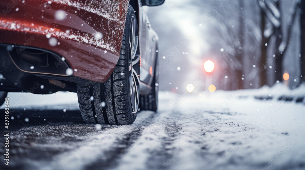 Close up of Car tires in winter on the road covered with snow. Winter tire