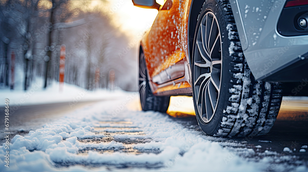 Close up of Car tires in winter on the road covered with snow. Winter tire