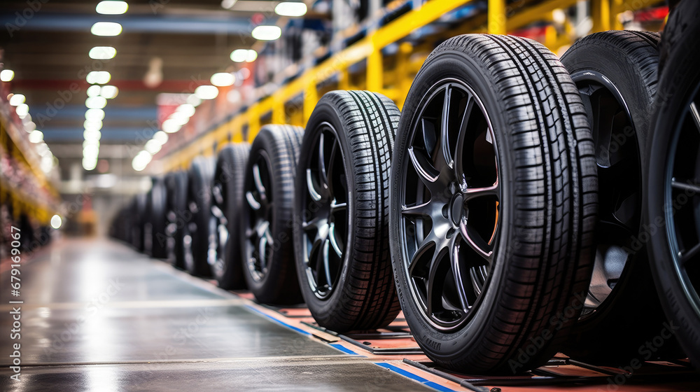 High rack with customer tires in warehouse of a tire dealer