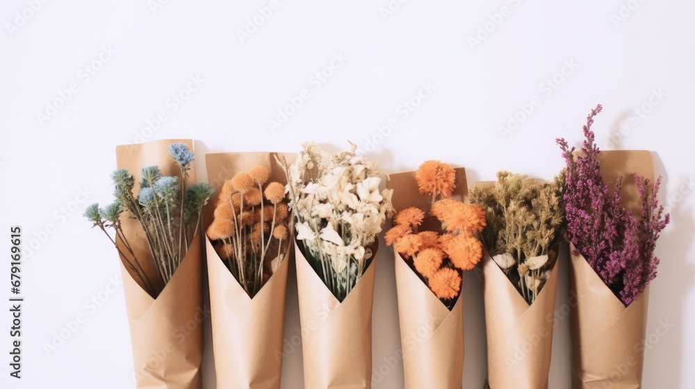 bunch of lavender flowers, Flowers in bunches, herbs, dried flowers in kraft packaging on white background, top view, space for text.