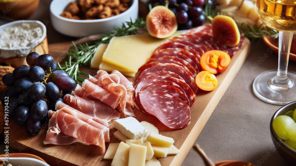 Close up of charcuterie board with meats and cheeses on festive dinner table for, copy space, ham and cheese