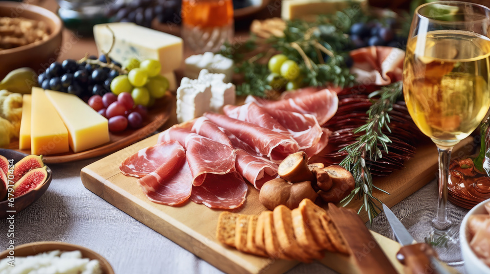 Close up of charcuterie board with meats and cheeses on festive dinner table for, copy space, ham and cheese