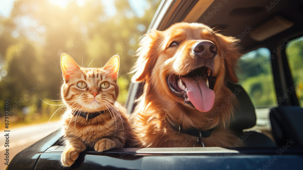 Happy dog and cat together in car. summer vocation travel