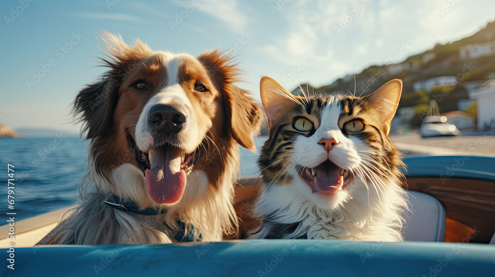 Happy dog and cat together in car. summer vocation travel