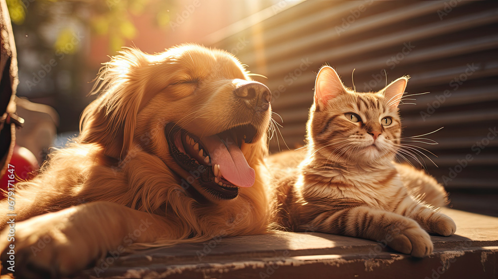 Happy dog and cat together in car. summer vocation travel