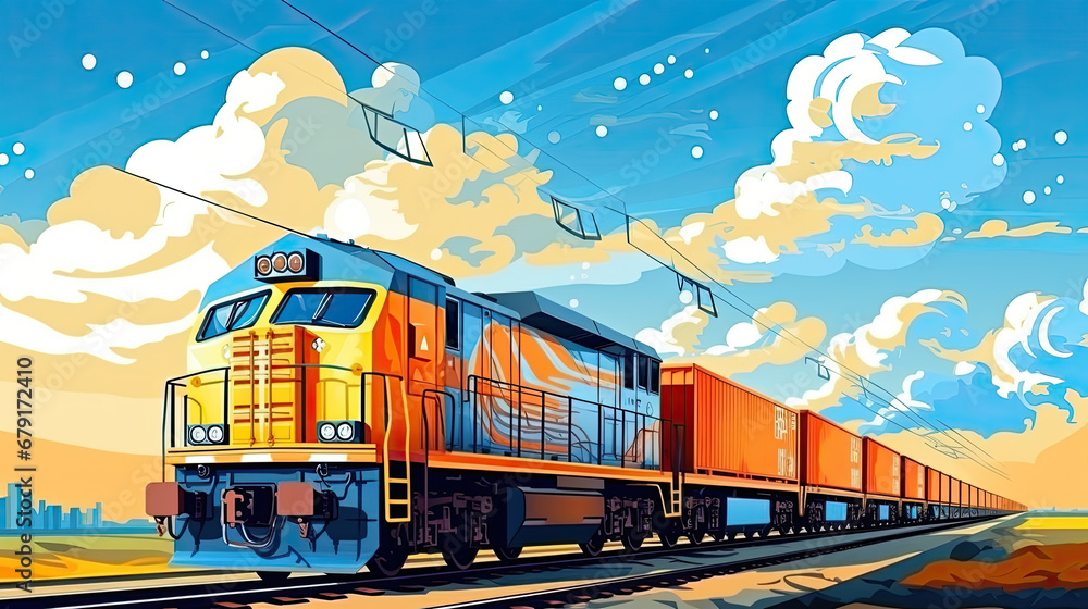 Freight train, transportation of railway cars by cargo containers shipping