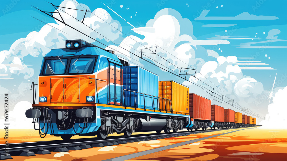 Freight train, transportation of railway cars by cargo containers shipping