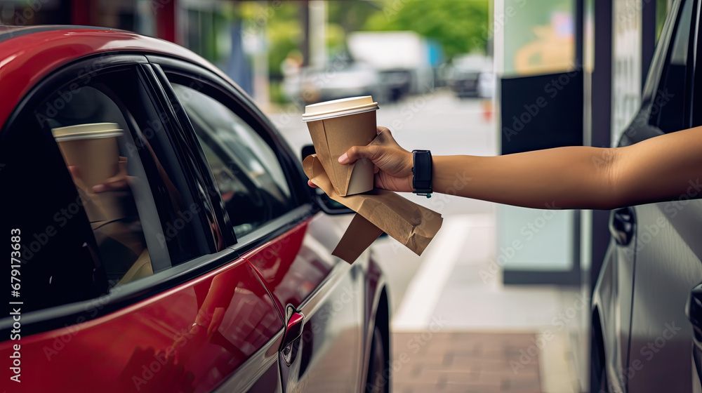 Hand Man in car receiving coffee in drive thru fast food restaurant. Staff serving takeaway order for driver in delivery window