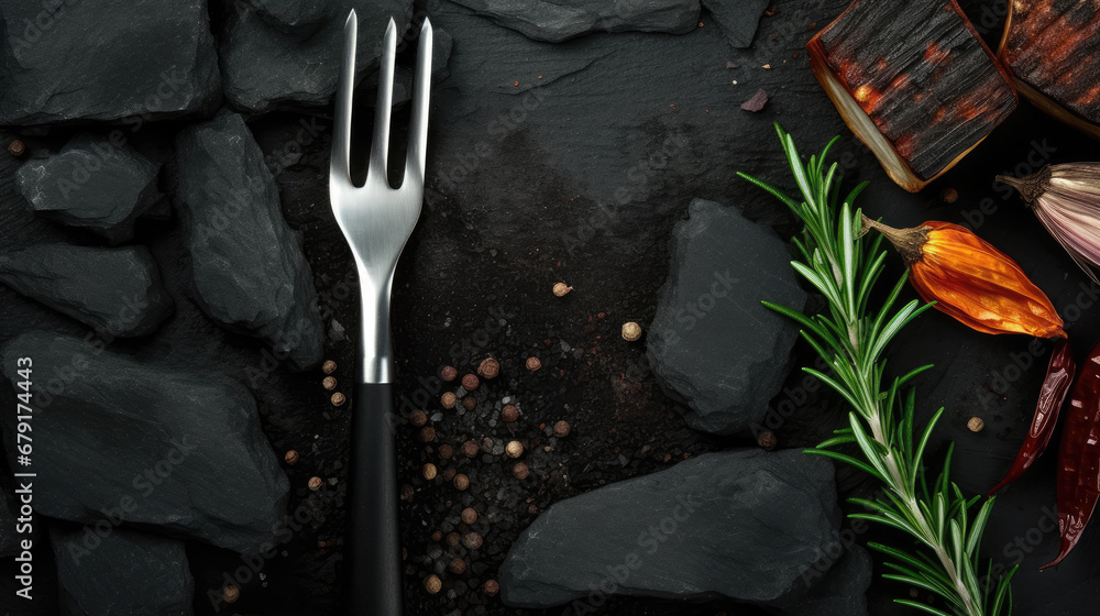 Barbecue. Meat fork, rosemary and charcoal on black background . Top view. Space for text.