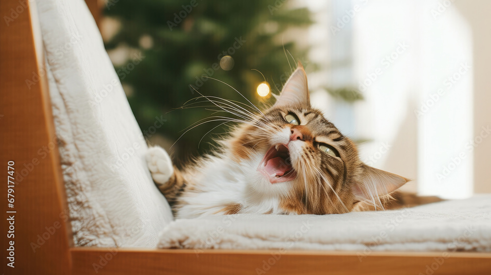 Cute cat lying on modern armchair and yawning on background of stylish decorated christmas tree in sunny room. Pet and winter holidays. Atmospheric cozy christmas tim