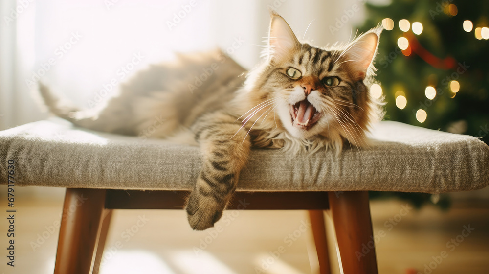 Cute cat lying on modern armchair and yawning on background of stylish decorated christmas tree in sunny room. Pet and winter holidays. Atmospheric cozy christmas tim